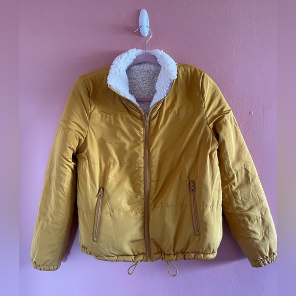 Love Tree Reversible Cream White and Mustard Yellow Sherpa Jacket - Picture 2 of 4